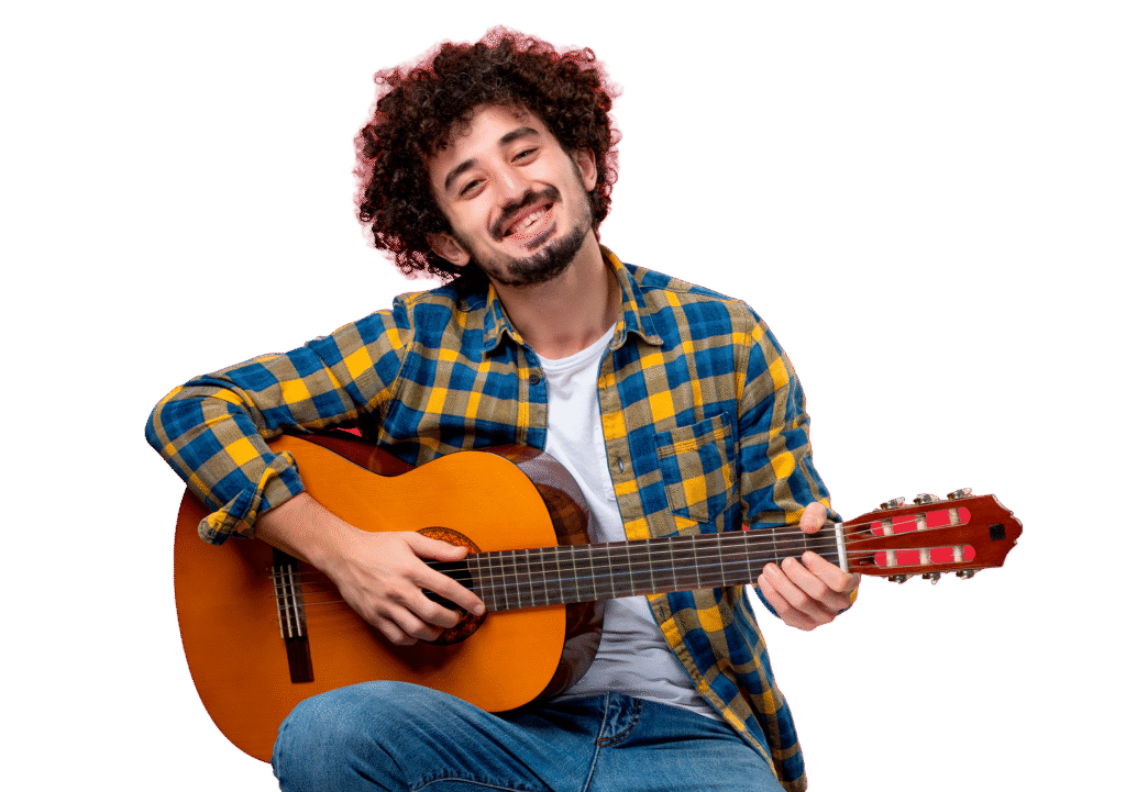 jovem-sexo-masculino-sentado-com-guitarra-na-parede-vermelha-de-frente-para-tocar-musica-performance-musico-cor-aplausos-ao-vivo 3